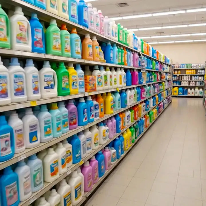 Supermarket laundry aisle full of plastic detergent bottles